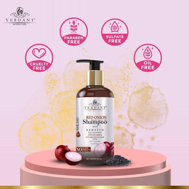 Verdant Natural Care Red Onion Shampoo for Hair Growth | With Black Seed Oil Extract, Keratin & Pro-Vitamin B5 | Onion Shampoo for Hair Fall Control | Onion Shampoo for Hair Fall | Anti Fall Hair Shampoo for Women & Men | Red Onion Hair Shampoo - No Parab